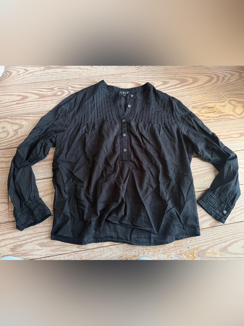J.Crew Size L Black 100% Cotton Pintuck Henley Blouse